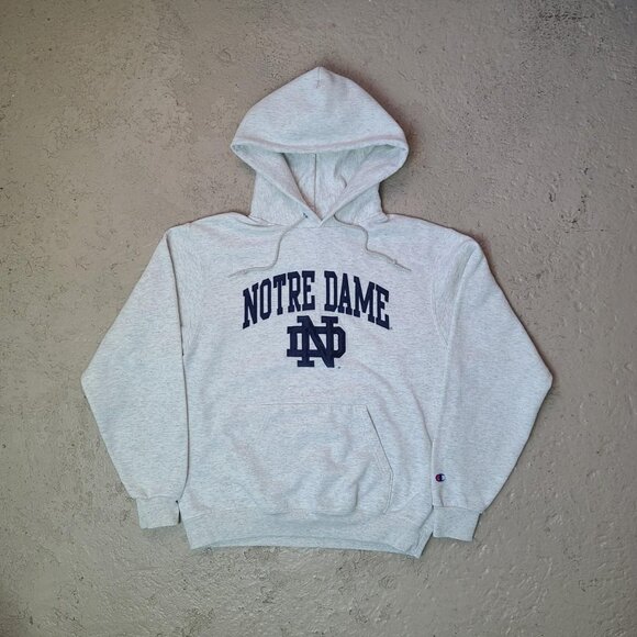 Retro 'Champion' Notre Dame greyish-white varsity hoodie pullover sweatshirt M - Picture 1 of 3